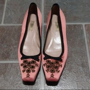 PRADA Ballerina RoseSilk Leather Bows Beads Sequins Square Toe kitten heel 37